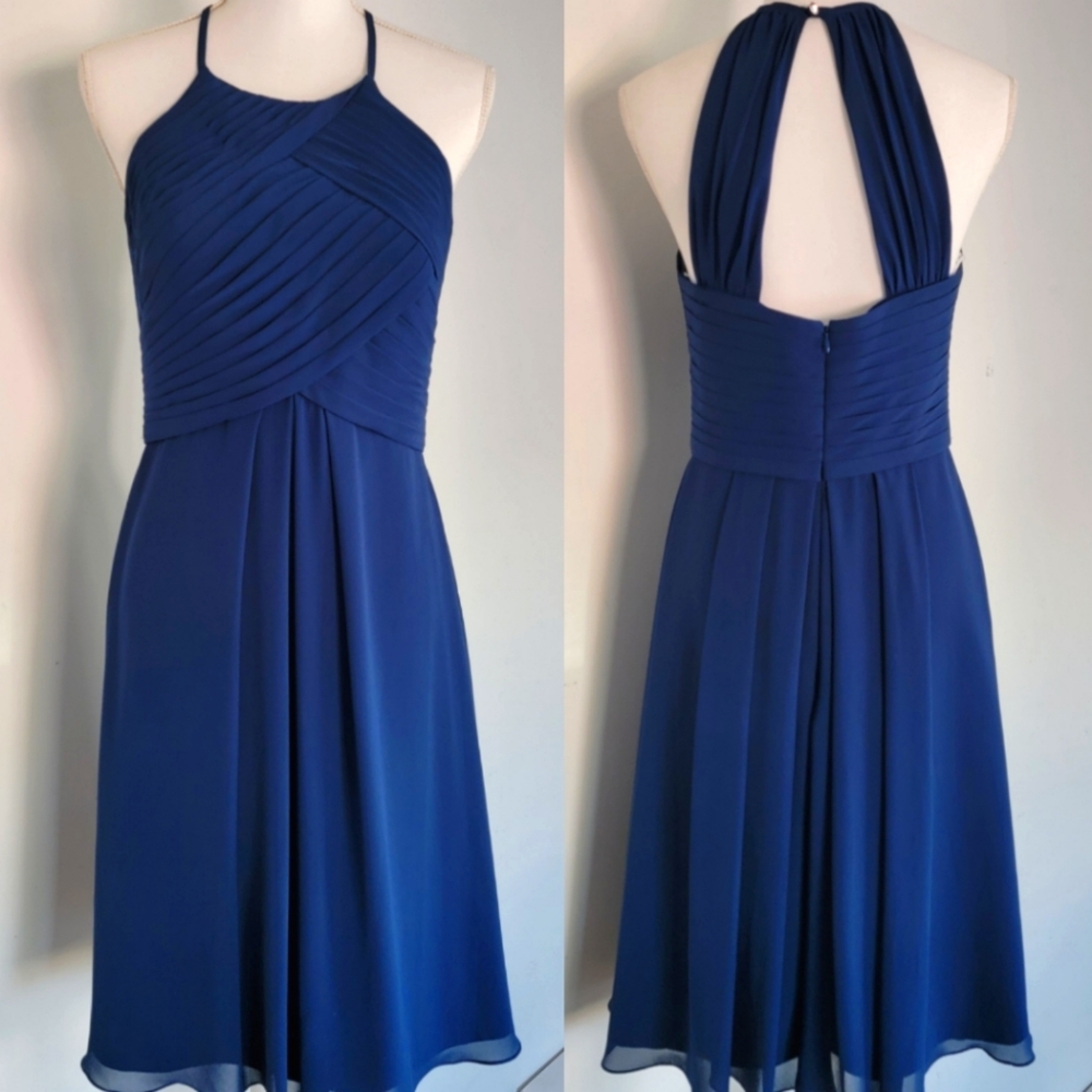 AW BRIDAL Dusk Blue Halter Pleated Formal Dress Size 8 | Cocktail Bridesmaid
